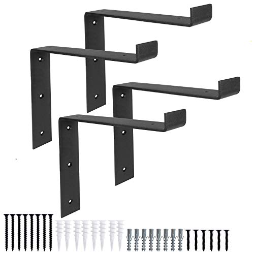 Heavy Duty Steel Floating Shelf Brackets, Undermount Bracket With Lip- Farmhouse Rustic Iron Matte Finish - 4 Pack of 6 x 7.25 Inch Industrial Metal Shelf Holders, Joint Angle Brackets for Wall Shelve