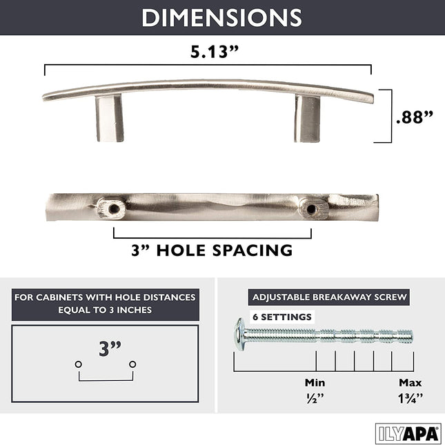 Satin Nickel Kitchen Cabinet Pulls - 3 Inch Hole Center Curved Pull Handle Bar - 25 Pack of Kitchen Cabinet Hardware