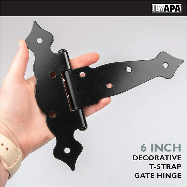 Ilyapa Heavy Duty Gate Hinges, 6 Pack - 6 Inch Decorative Outdoor T Strap Hinges for Barn Door, Shed or Wooden Fences