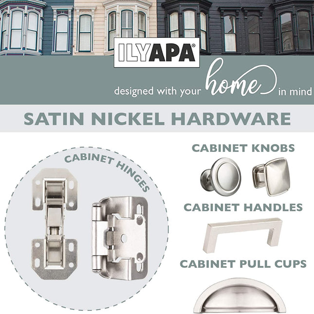 Self Closing Cabinet Hinges Satin Nickel, 50 Pack - 1/2 Inch Overlay 3/4 Inch Frame Semi Wrap Kitchen Cabinet Door Hinge Hardware