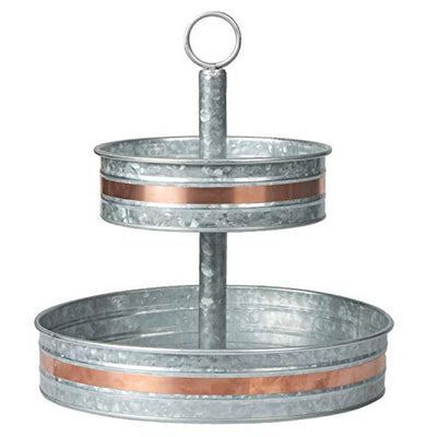 Galvanized Two Tiered Serving Stand - 2 Tier Metal Trays with Copper Trim