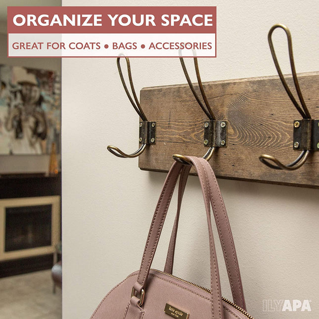 Wall Mounted Coat Rack - Rustic Wooden 5 Hook Coat Hanger Rail, Distressed Wood, Antique Brass Hooks