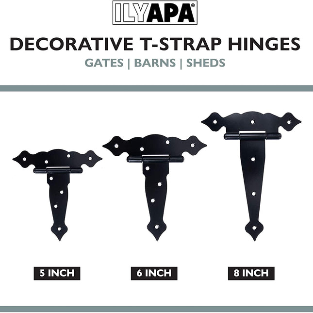 Ilyapa Heavy Duty Gate Hinges, 6 Pack - 8 Inch Decorative Outdoor T Strap Hinges for Barn Door, Shed or Wooden Fences