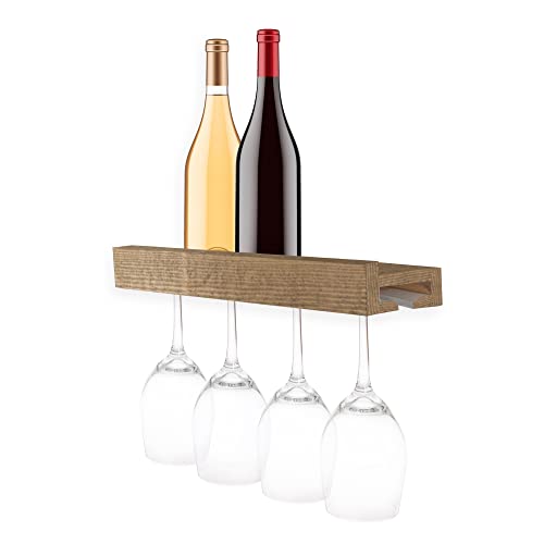 Ilyapa Rustic Shelf with Wine Glass Storage - Wall Mounted Wooden Wine Rack - Brown, Storage for 4 Glasses