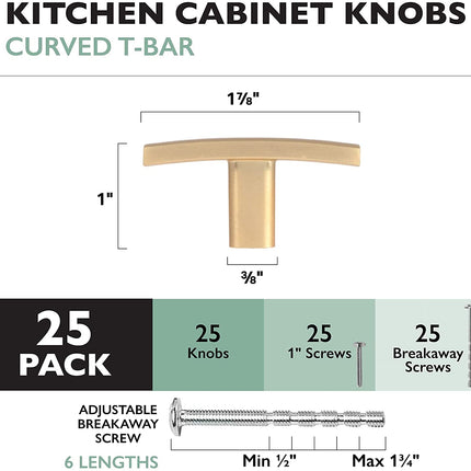 Ilyapa Brushed Gold Kitchen Cabinet Knobs, 25 Pack - Curved T-Knob Drawer Pull Handle Hardware