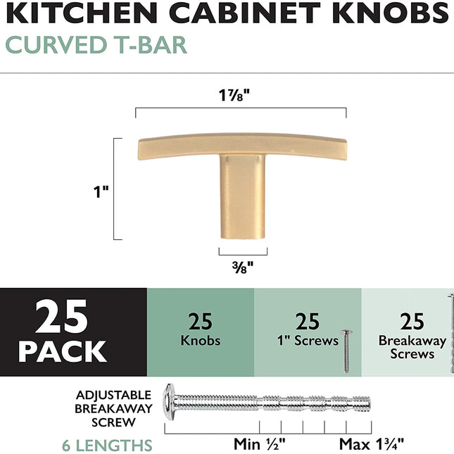 Ilyapa Brushed Gold Kitchen Cabinet Knobs, 25 Pack - Curved T-Knob Drawer Pull Handle Hardware