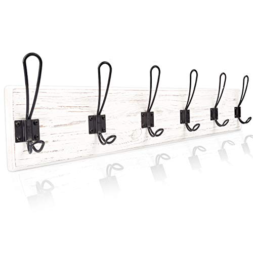 Wall Mounted Coat Rack - Rustic Wooden 6 Hook Coat Hanger Rail, White Distressed Wood, Black Metal Hooks