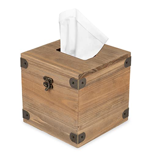 Ilyapa 5 x 6 Rustic Tissue Box Holder - Hinged Lid Tissue Dispenser for Bathroom Living Room Bedroom - Brown Weathered Wood
