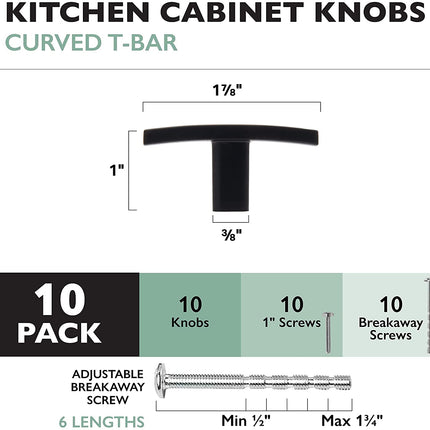 Black Kitchen Cabinet Knobs, 10 Pack - Curved T-Knob Drawer Pull Handle Hardware