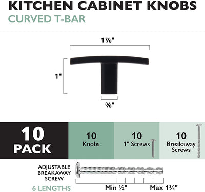 Black Kitchen Cabinet Knobs, 10 Pack - Curved T-Knob Drawer Pull Handle Hardware