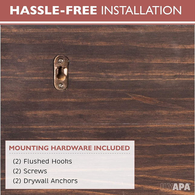 Wall Mounted Coat Rack with Shelf - 16 Inch Rustic Wooden 4 Hook Coat Hanger Rail, Espresso Distressed Wood, Black Metal Hooks