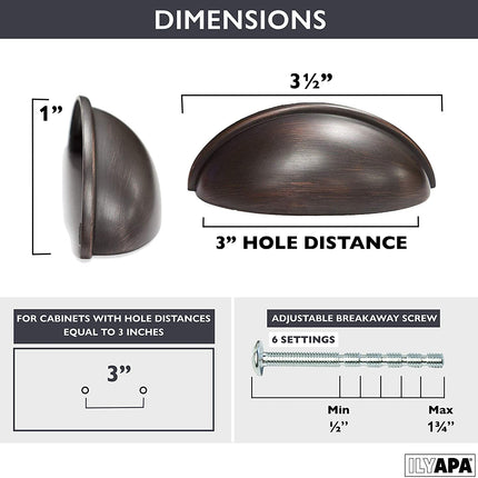 Oil Rubbed Bronze Kitchen Cabinet Pulls - 3 Inch Hole Center Bin Cup Drawer Handles - 10 Pack