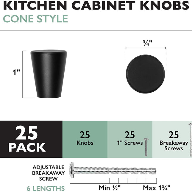 Ilyapa Flat Black Kitchen Cabinet Knobs - Circular Cone Drawer Handles - 25 Pack of Kitchen Cabinet Hardware