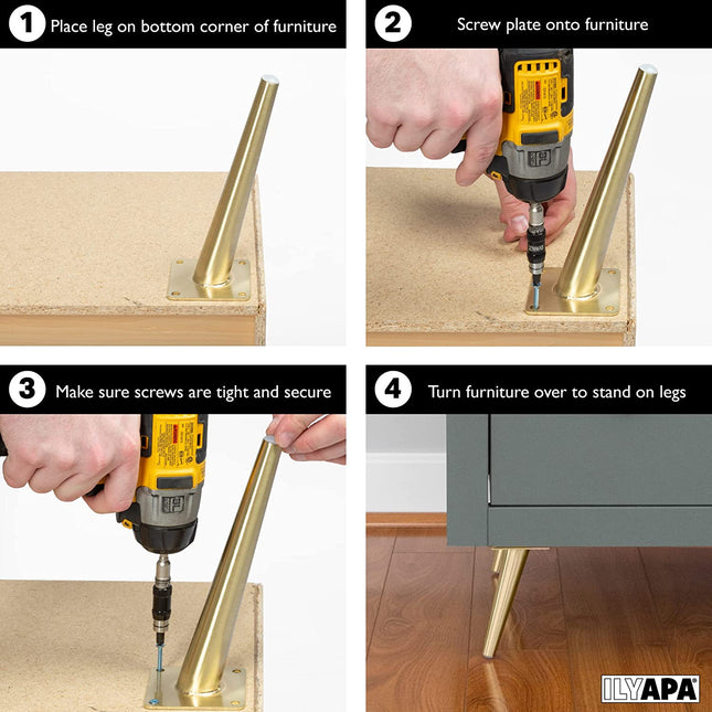 Ilyapa Tapered Oblique Metal Furniture Leg - Set of 4 Gold Mid Century Modern 8 Inch Tapered Replacement Furniture Feet for Sofas, Chairs, Tables