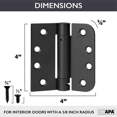 2 Pack of Self Closing Door Hinges Black - 4 x 4 Inch Interior Hinges for Doors with Square Corners 5/8" Radius
