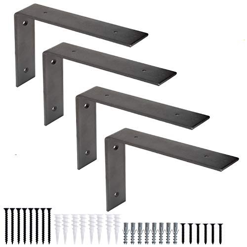 Heavy Duty Steel Shelf Brackets, L Bracket - Farmhouse Rustic Iron Matte Finish - 4 Pack of 6 x 10 Inch Industrial Metal Shelf Holders, Corner L Brace Joint Angle Brackets for Wall Mount Shelves