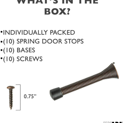 10 Pack of Oil Rubbed Bronze Spring Door Stops - 3 1/4 Inch Heavy Duty Door Stop - Traditional Spring Door Stop Bronze w/Rubber Bumper