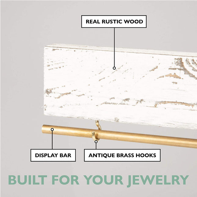 Ilyapa Wall Mounted Jewelry Organizer with Shelf - Rustic White Wood - 3 Piece Jewelry Hanger Rack Set - Earring, Bracelet & Necklace Holder