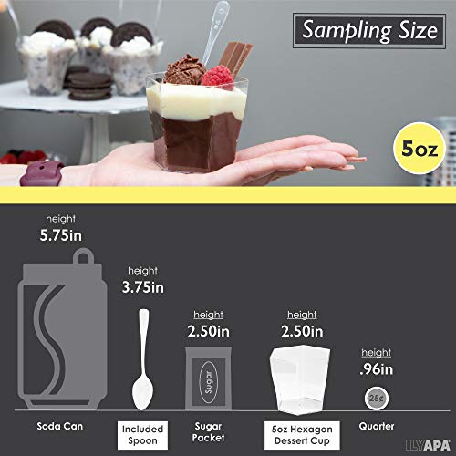 100 Mini Plastic Dessert Cups with Spoons - 5 oz Hexagon Cups