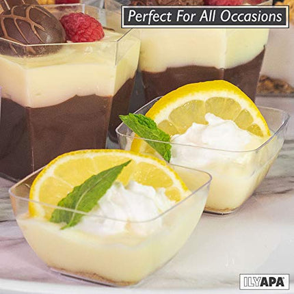 100 Mini Plastic Dessert Cups with Spoons - 2 oz Square Shooters