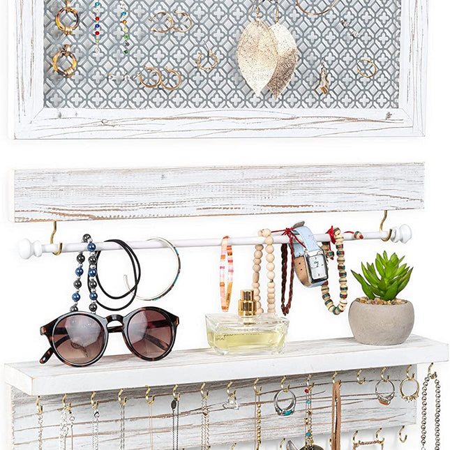 Ilyapa Wall Mounted 3 Piece Jewelry Organizer with Shelf - Rustic White Wood