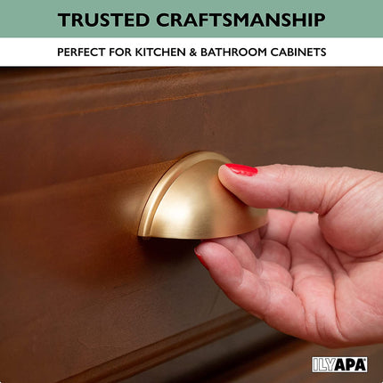 Ilyapa Brushed Gold Kitchen Cabinet Pulls - 3 Inch Hole Center Bin Cup Drawer Handles - 10 Pack of Kitchen Cabinet Hardware