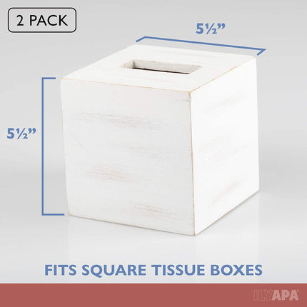 Ilyapa Wood Tissue Box Cover Square, 2 Pack - Rustic Farmhouse White Wooden Tissue Holder