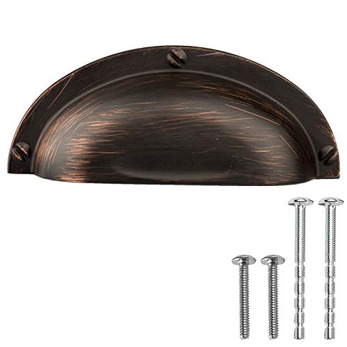 Oil Rubbed Bronze Kitchen Cabinet Pulls - 3 Inch Hole Center Industrial Design Bin Cup Drawer Handles - 10 Pack of Kitchen Cabinet Hardware