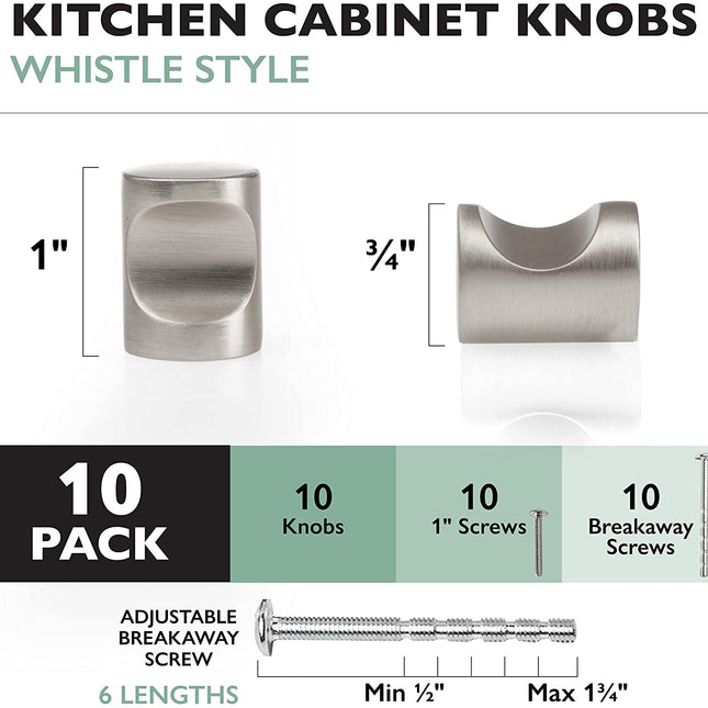 Ilyapa Satin Nickel Kitchen Cabinet Knobs - Minimalist Cylindrical Whistle Knob Handles - 10 Pack of Kitchen Cabinet Hardware