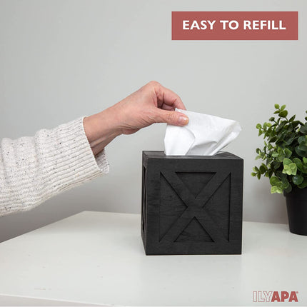 Ilyapa Wood Tissue Box Cover Farmhouse X Patterned- Rustic Farmhouse Black Wood