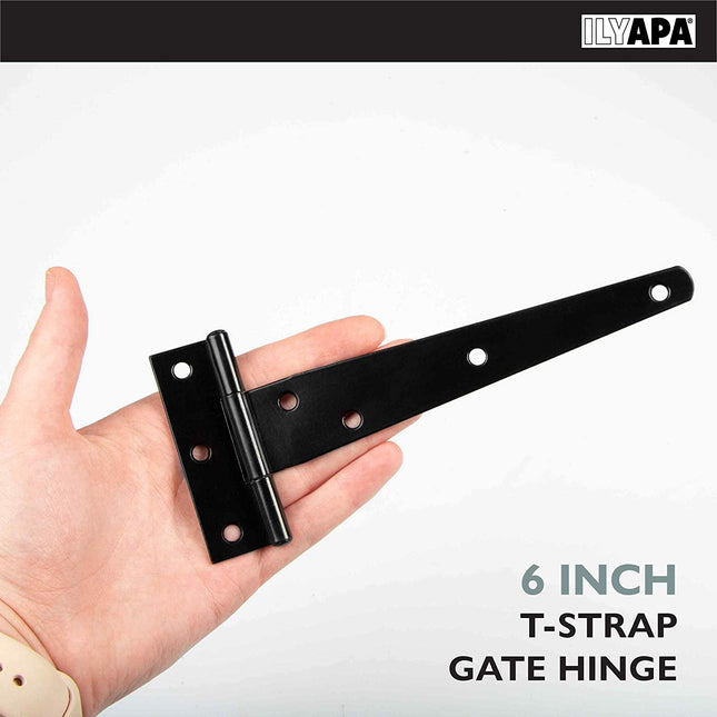 Ilyapa Heavy Duty Gate Hinges, 6 Pack - 6 Inch Outdoor T Strap Hinges for Barn Door, Shed or Wooden Fences