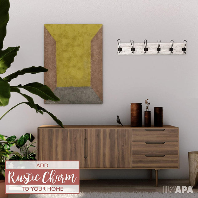 Wall Mounted Coat Rack - Rustic Wooden 6 Hook Coat Hanger Rail, White Distressed Wood, Black Metal Hooks