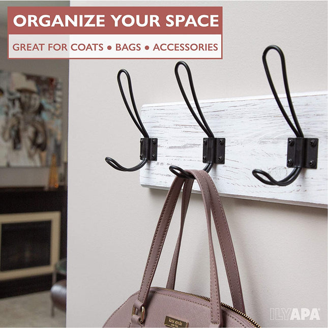 Wall Mounted Coat Rack - Rustic Wooden 5 Hook Coat Hanger Rail, White Distressed Wood, Black Metal Hooks