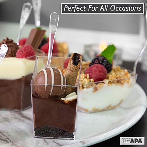 100 Mini Plastic Dessert Cups with Spoons - 3 oz Slanted
