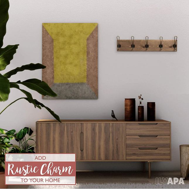 Wall Mounted Coat Rack - Rustic Wooden 5 Hook Coat Hanger Rail, Distressed Wood, Antique Brass Hooks