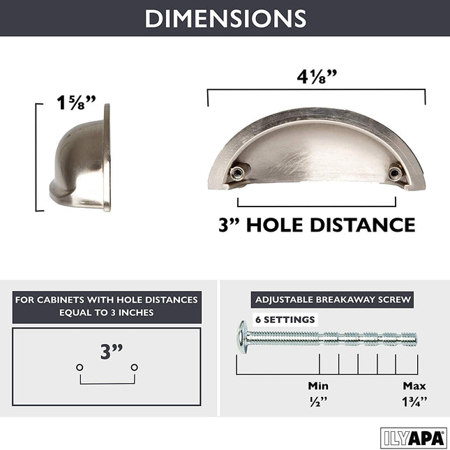 Satin Nickel Kitchen Cabinet Pulls - 3 Inch Hole Center Industrial Design Bin Cup Drawer Handles - 10 Pack of Kitchen Cabinet Hardware