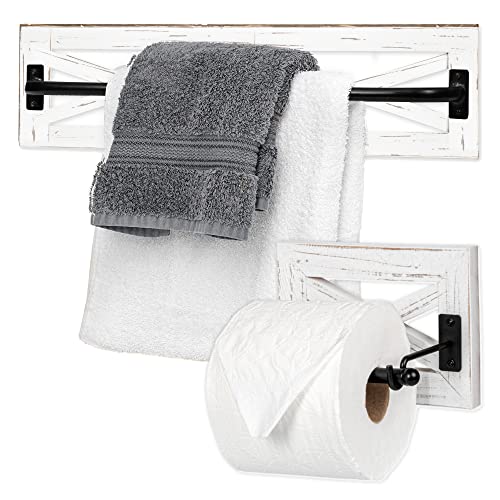 Ilyapa Rustic Towel Bar Toilet Paper Holder Set with Towel Ring for Bathroom- Wall Mounted Bathroom Racks - White Wood & Black Metal Bar, Farmhouse Decor