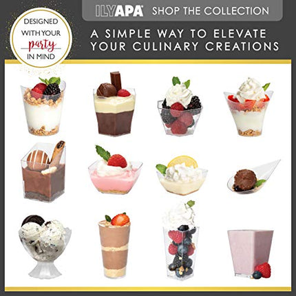 100 Mini Plastic Dessert Cups with Spoons - 2 oz Square Shooters