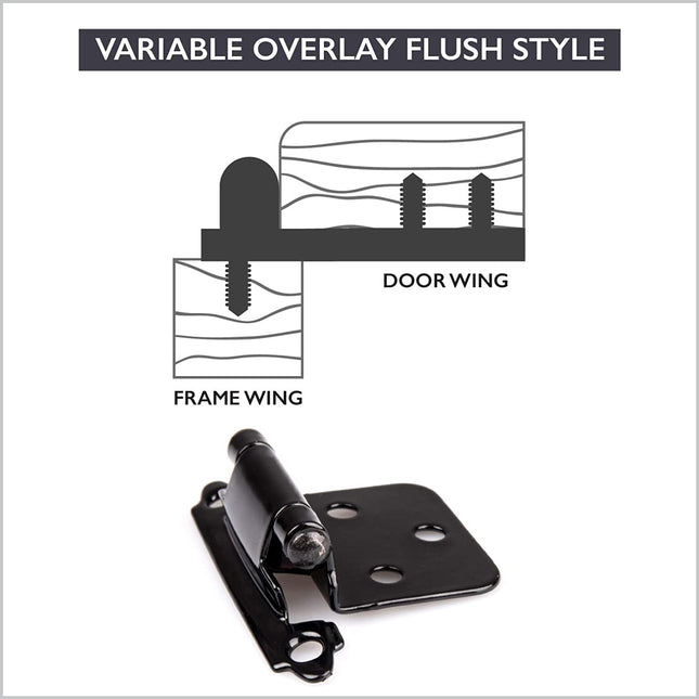 Self Closing Cabinet Hinges Black, 50 Pack - Variable Overlay Flush Kitchen Cabinet Door Hinge Hardware