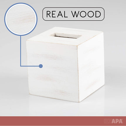 Ilyapa Wood Tissue Box Cover Square, 2 Pack - Rustic Farmhouse White Wooden Tissue Holder