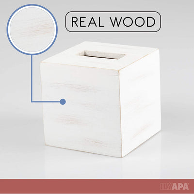 Ilyapa Wood Tissue Box Cover Square, 2 Pack - Rustic Farmhouse White Wooden Tissue Holder