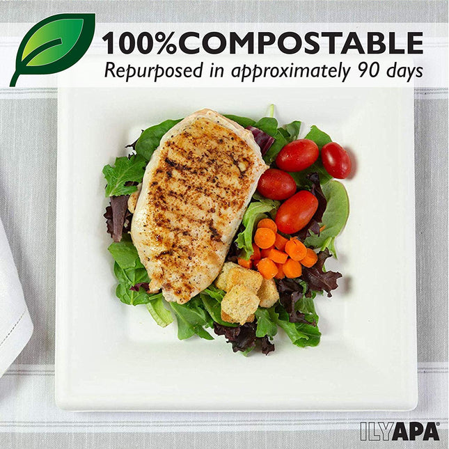 100 Square Disposable Dinner Plates Set - 10 Inch White Compostable, Biodegradable & Microwavable Sugarcane Tree Free Plates