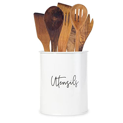 Ilyapa Utensil Crock, Farmhouse Style Countertop Kitchen Utensil Caddy, Galvanized White Powder Coated, 5.5" x 6.75¬¨√Æ