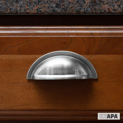 Satin Nickel Kitchen Cabinet Pulls - New 3 Inch Hole Center Bin Cup Drawer Handles - 10 Pack of Kitchen Cabinet Hardware