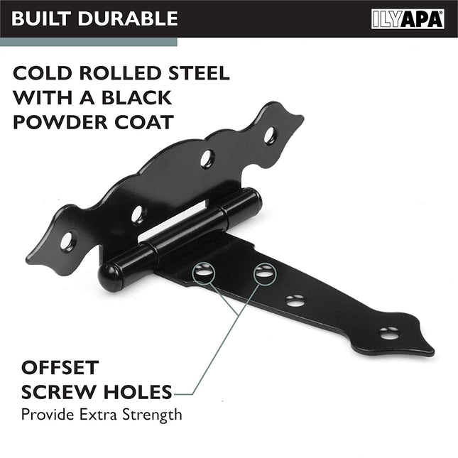 Ilyapa Heavy Duty Gate Hinges, 6 Pack - 6 Inch Decorative Outdoor T Strap Hinges for Barn Door, Shed or Wooden Fences