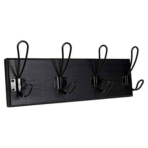 Wall Mounted Coat Rack - Rustic Wooden 4 Hook, Distressed Black Wood