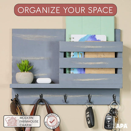 Wood Key and Mail Holder with Shelf - Rustic Gray Wooden Wall Mount Mail Organizer & Key Rack, Decorative