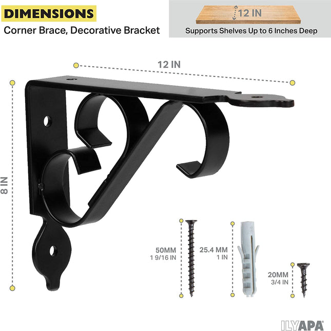Heavy Duty Floating Shelf Brackets, 4 Pack - 8x12 Inch Decorative Metal Shelf Holders for Wall Mount Shelves