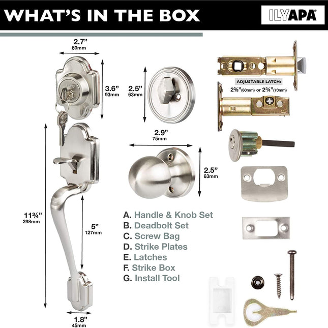 Modern Style Front Door Exterior Handleset - Lock Set Handle Hardware with Single Cylinder Deadbolt Lock and Halifax Lever - Low Profile Contemporary Design - Satin Nickel Finish