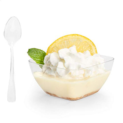 100 Mini Plastic Dessert Cups with Spoons - 2 oz Square Shooters